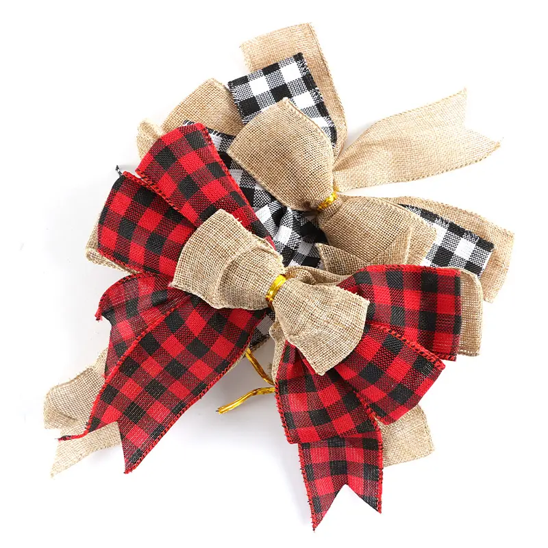 (1 Pcs/pack) 23.8*22.9cm Large Christmas Plaid Bow Gift Wrapper Christmas Linen Bow Decoration Home Handmade Photography Props