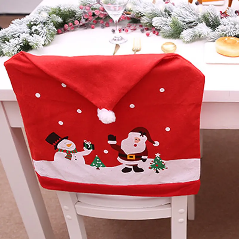 (1pcs) 60cm*49cm Red Christmas Snowman And Santa Hat Chair Back Cover Xmas Chair Decoration Home Handmade DIY Christmas Decor