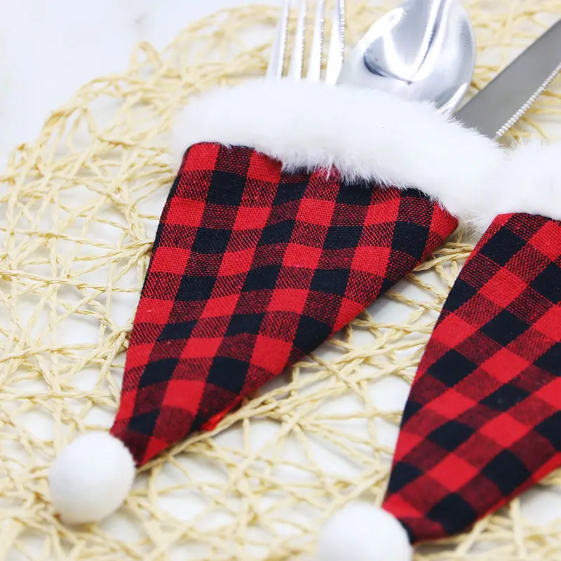 (2 pieces/bag) 19cm Christmas plaid plush cute knife and fork New Year celebration small gift decoration DIY