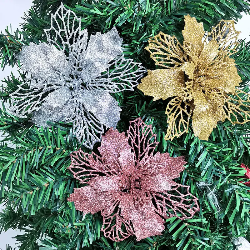 (5pcs) 15cm Artificial Christmas Tree Flower Glitter Decorations Xmas Ornaments New Year Gift Wedding Party Decoration