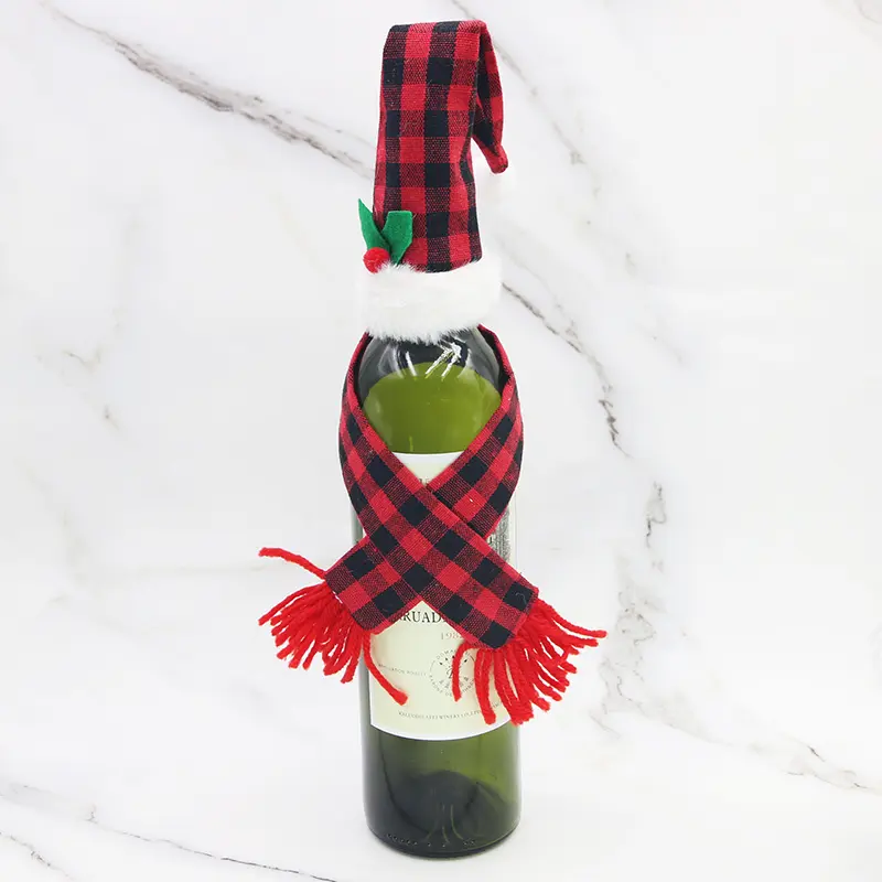 1 pcs New Year Celebration Checkered Burgundy Wine Bottle Decoration Christmas Mini Scarf Photos Create Beautiful Atmosphere DIY