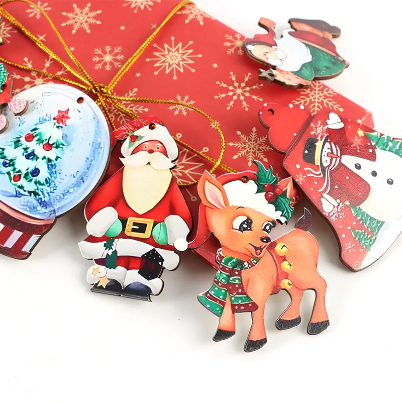(12Pcs/pack)4.9-8.5cm Christmas Decoration Xtmas Tree Pendant Painted Wooden Pendants Atmosphere Scenes Prop Arrangements Party