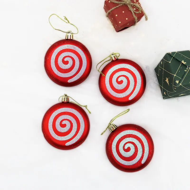 (4 Pcs/pack))9cm Plastic Christmas Candy Round Striped Pendant Flat Sugar Pendant Decoration New Year Gift Home For Children DIY