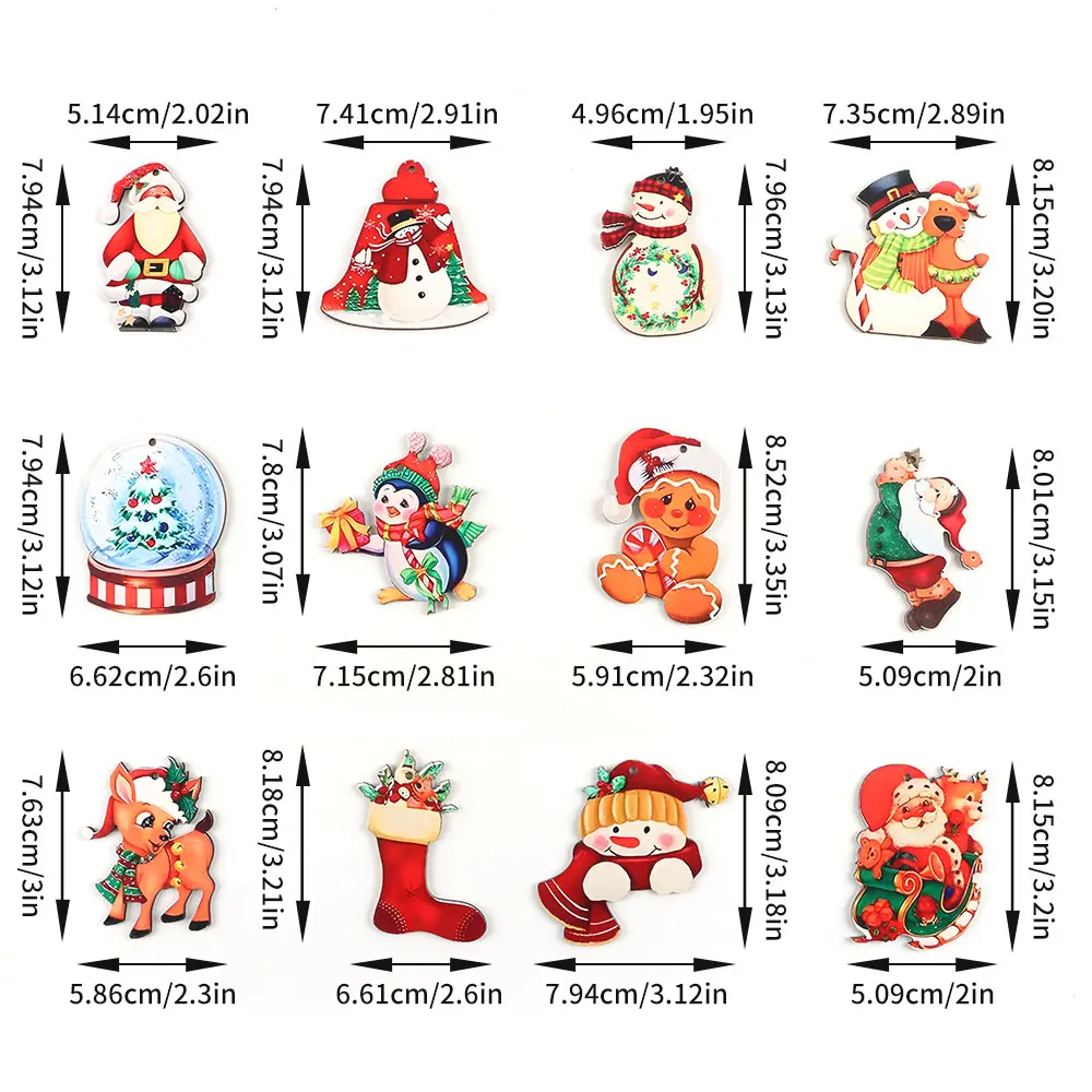 (12Pcs/pack)4.9-8.5cm Christmas Decoration Xtmas Tree Pendant Painted Wooden Pendants Atmosphere Scenes Prop Arrangements Party