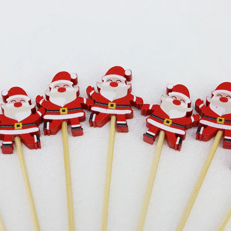 (100 Pcs/pack) 11.8cm Santa Claus Bamboo Skewer Disposable Wooden Toothpick Kitchen Accessories Dessert Fruit Christmas Party