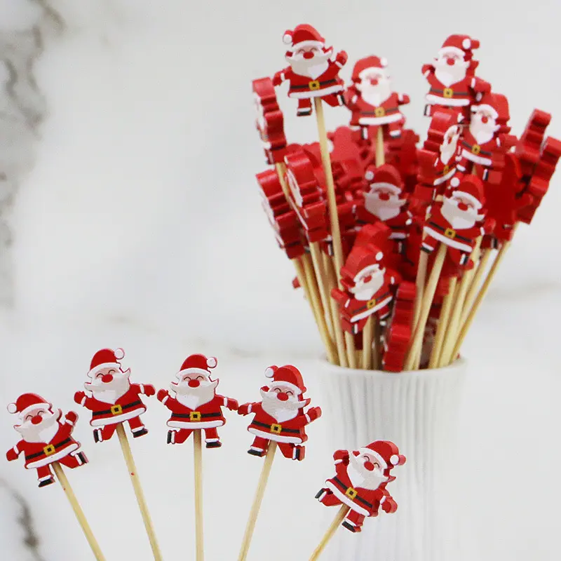 (100 Pcs/pack) 11.8cm Santa Claus Bamboo Skewer Disposable Wooden Toothpick Kitchen Accessories Dessert Fruit Christmas Party