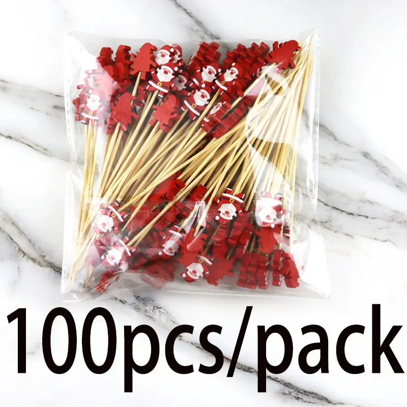 (100 Pcs/pack) 11.8cm Santa Claus Bamboo Skewer Disposable Wooden Toothpick Kitchen Accessories Dessert Fruit Christmas Party