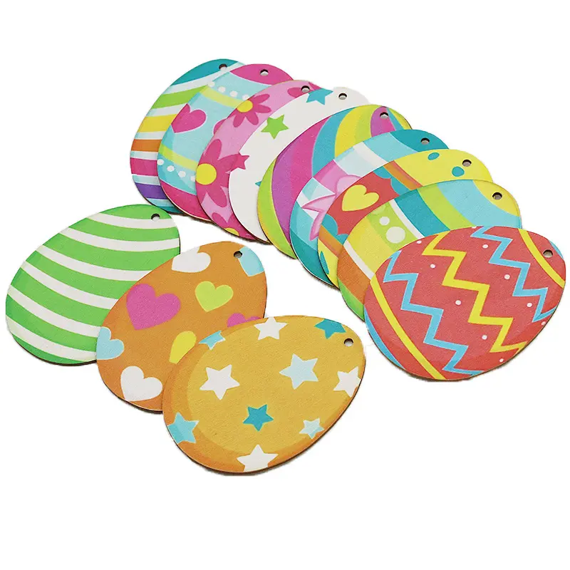 (12 Pcs/pack) 8*6cm Easter Wooden Easter Egg Decoration Natural Wood Chips Home Party Decorations Flag Hanging Atmosphere DIY