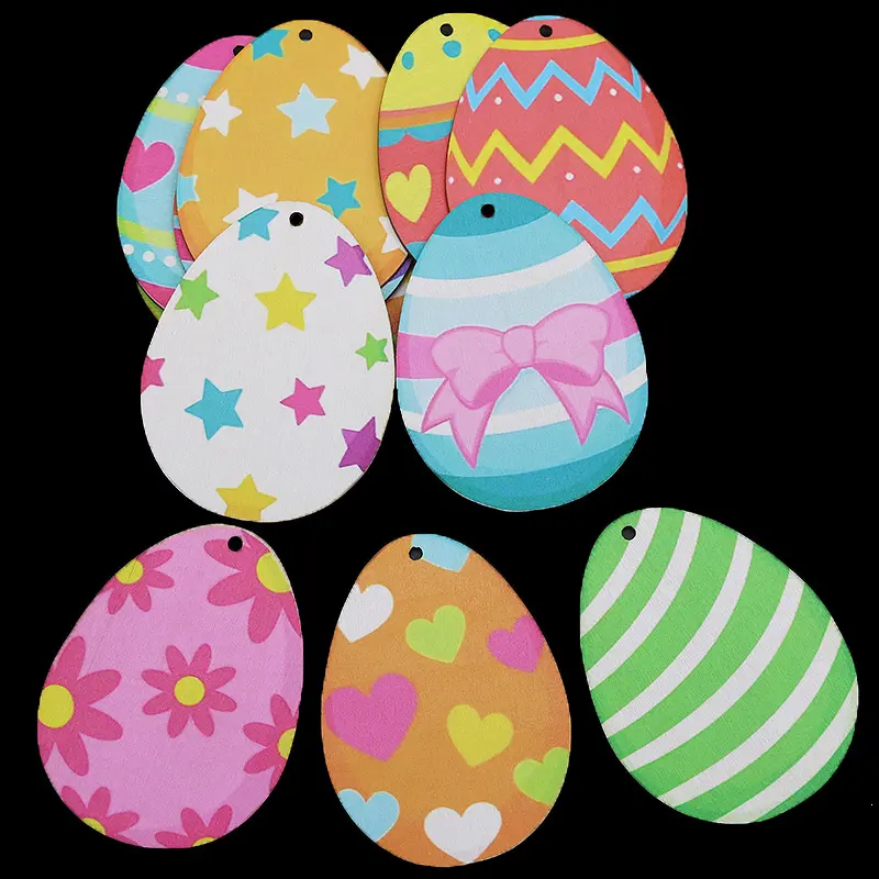 (12 Pcs/pack) 8*6cm Easter Wooden Easter Egg Decoration Natural Wood Chips Home Party Decorations Flag Hanging Atmosphere DIY
