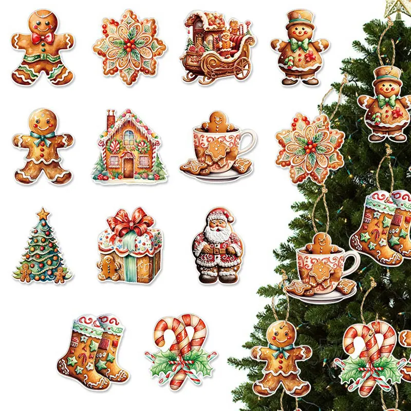 (12 Pcs/pack) Gingerbread Man Paper Pendant Christmas Stickers Decorations Graffiti Sticker New Year Decoration Decals Banner