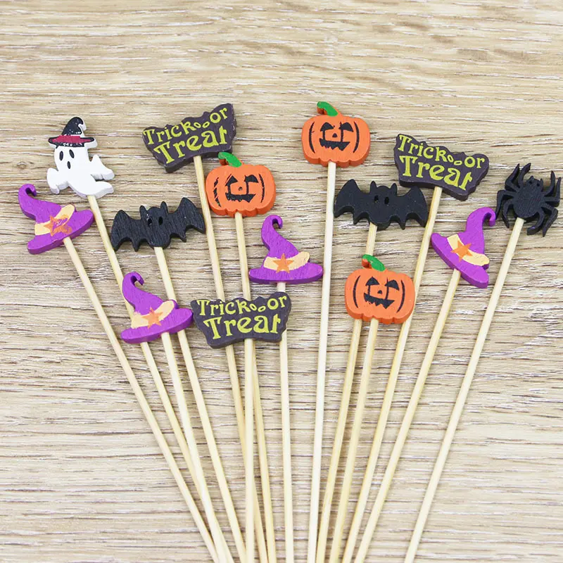 (100 Pieces/pack) 12cm Halloween Bamboo Sticks Decoration Fruit Scene Decoration Pumpkin Toothpick Atmosphere Funny Creative DIY