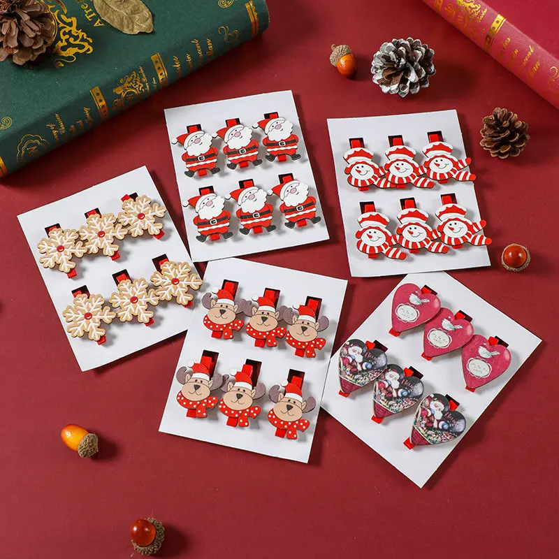 (6 Pcs/pack)4.5CM Christmas Decoration Wooden Clip Festive New Year Santa Snowflake Clip Hairpin Party Wedding Decoration Diy