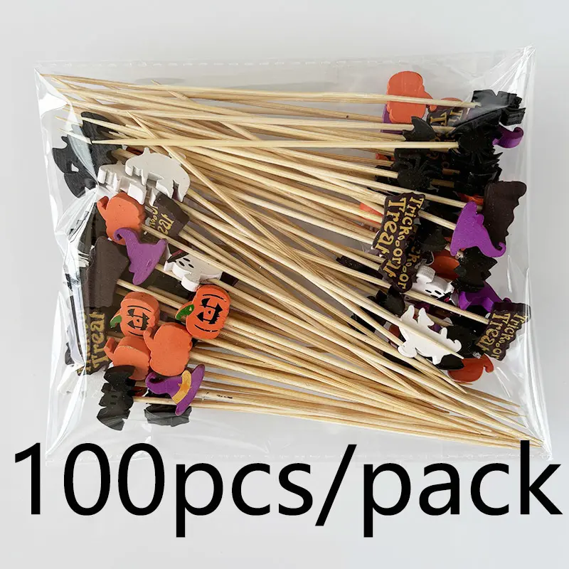 (100 Pieces/pack) 12cm Halloween Bamboo Sticks Decoration Fruit Scene Decoration Pumpkin Toothpick Atmosphere Funny Creative DIY