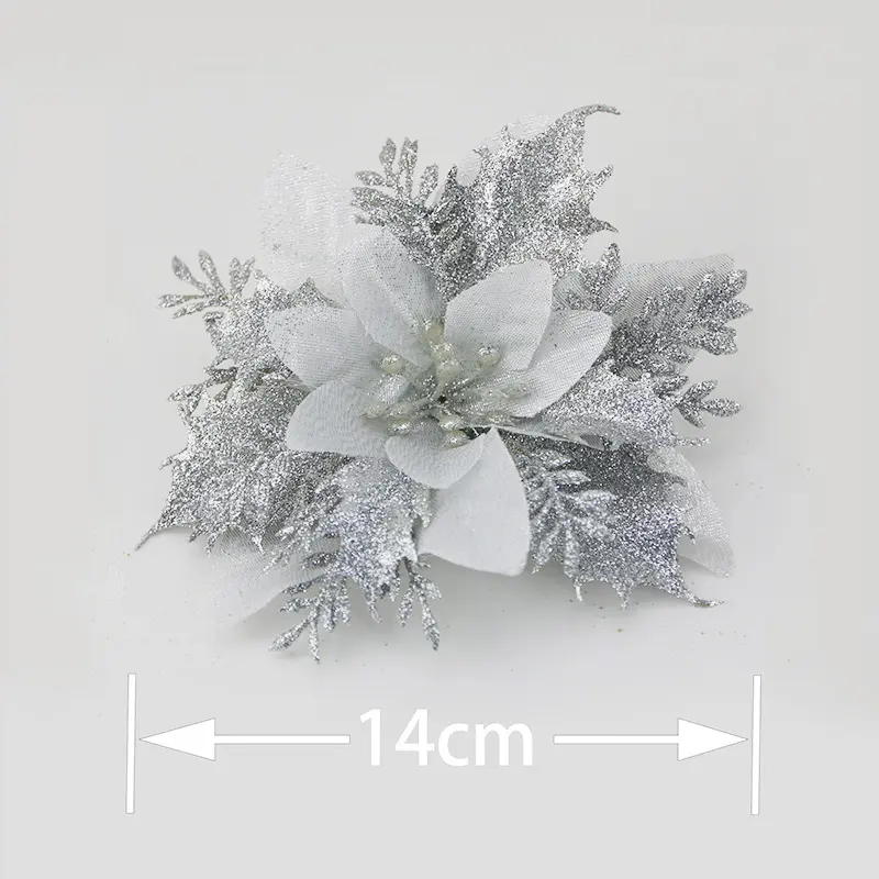 (5Pcs/pack) 14cm Artificial Christmas Flowers Glitter Tree Decorations Xmas Ornaments New Year Gift