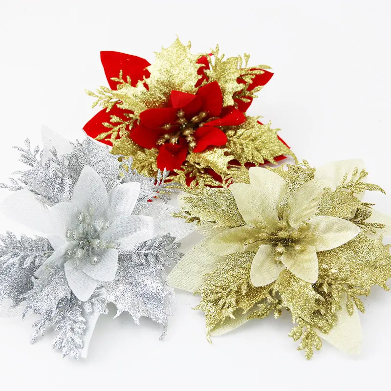 (5Pcs/pack) 14cm Artificial Christmas Flowers Glitter Tree Decorations Xmas Ornaments New Year Gift