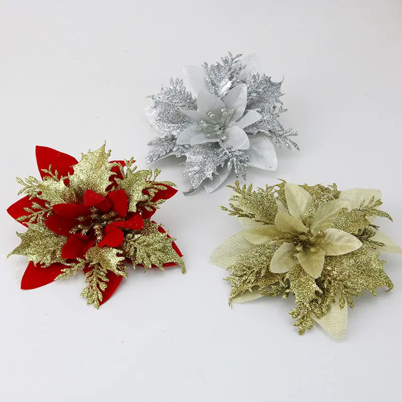 (5Pcs/pack) 14cm Artificial Christmas Flowers Glitter Tree Decorations Xmas Ornaments New Year Gift