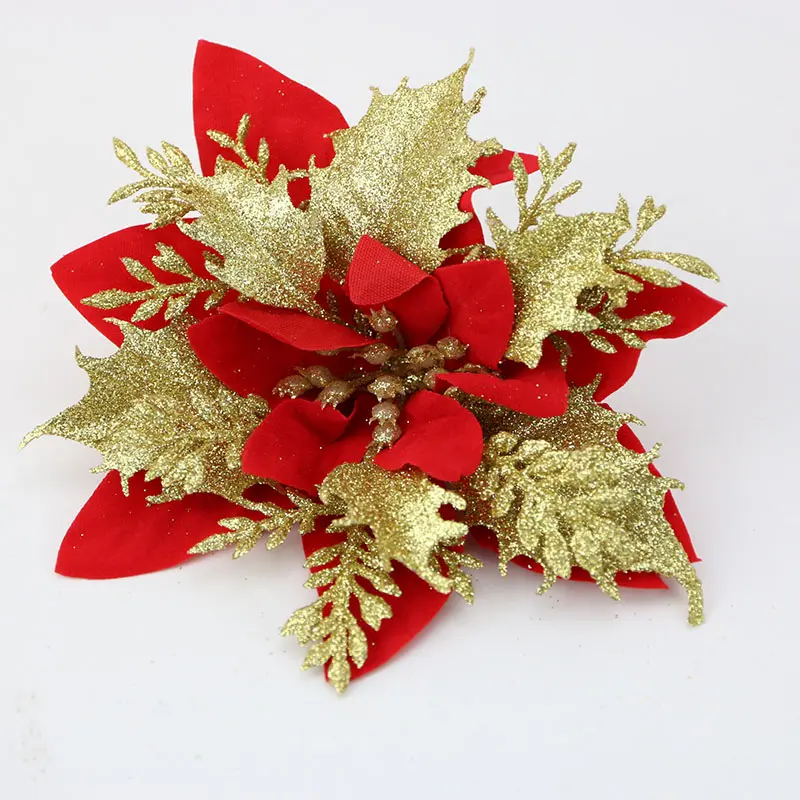 (5Pcs/pack) 14cm Artificial Christmas Flowers Glitter Tree Decorations Xmas Ornaments New Year Gift