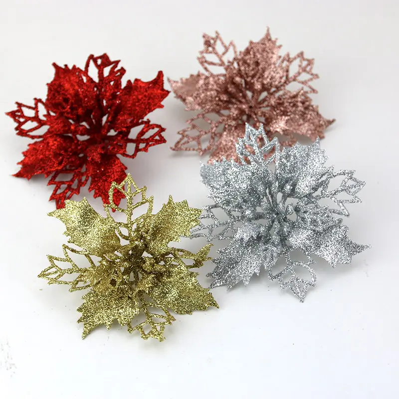 (10Pcs/pack) Artificial Christmas Tree Flower Glitter Decorations Xmas Ornaments New Year Gift Wedding Flower Head