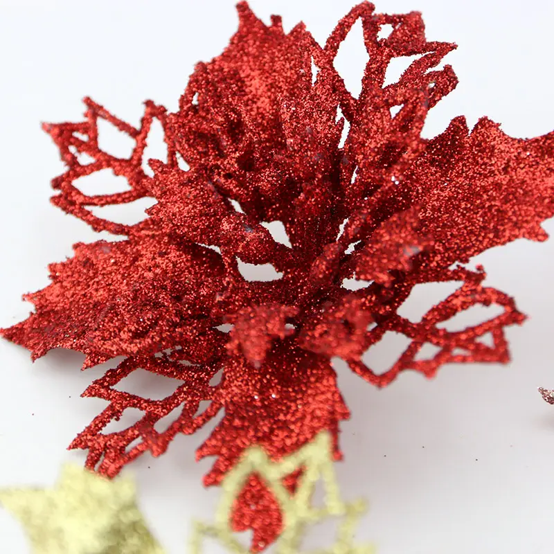 (10Pcs/pack) Artificial Christmas Tree Flower Glitter Decorations Xmas Ornaments New Year Gift Wedding Flower Head