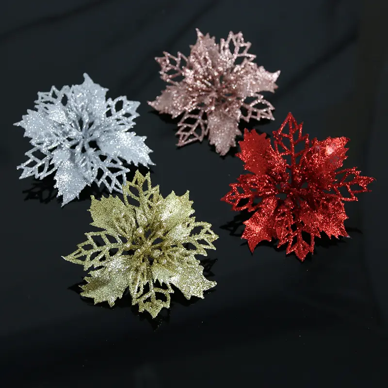 (10Pcs/pack) Artificial Christmas Tree Flower Glitter Decorations Xmas Ornaments New Year Gift Wedding Flower Head