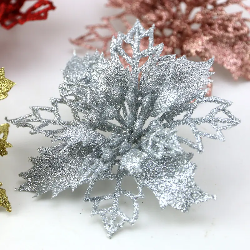 (10Pcs/pack) Artificial Christmas Tree Flower Glitter Decorations Xmas Ornaments New Year Gift Wedding Flower Head