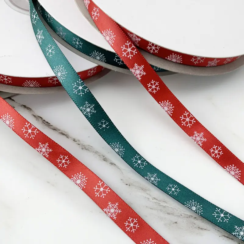 (25yards/50yards)/Roll 10mm Red Green Printed Snowflake Satin Ribbon Christmas Gift Ribbons Party decoration DIY