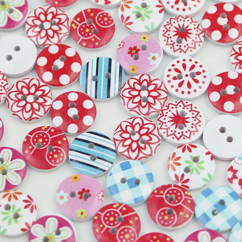 (100 pieces/pack) 1.5cm 2-hole painted printed buttons mixed wood craft round clothes pants Sewing accessories Handmade DIY