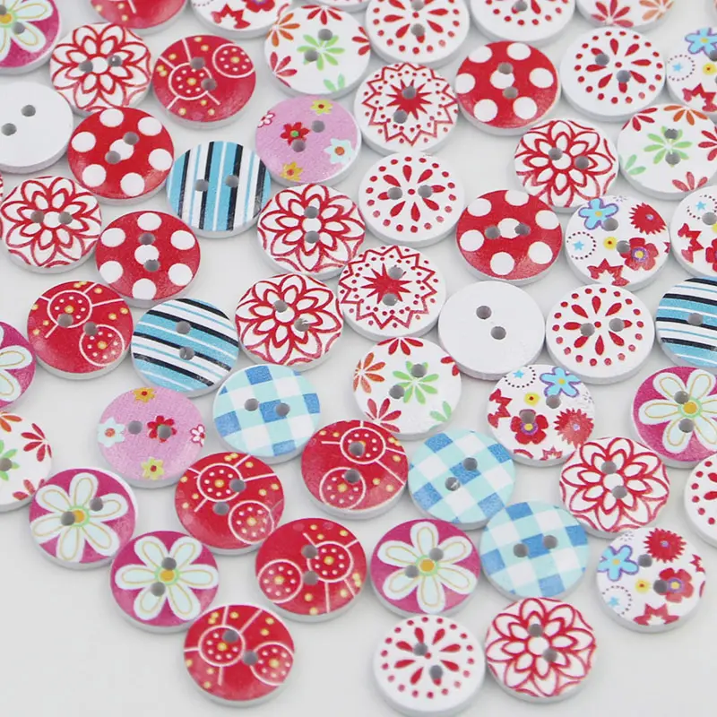 (100 pieces/pack) 1.5cm 2-hole painted printed buttons mixed wood craft round clothes pants Sewing accessories Handmade DIY