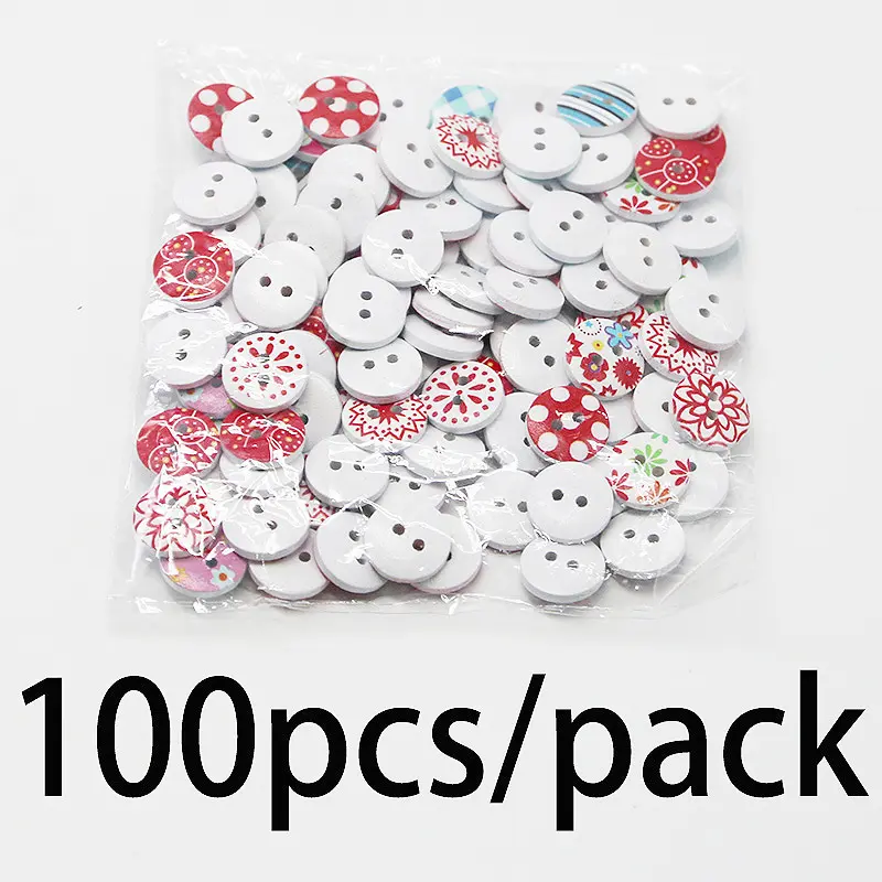 (100 pieces/pack) 1.5cm 2-hole painted printed buttons mixed wood craft round clothes pants Sewing accessories Handmade DIY