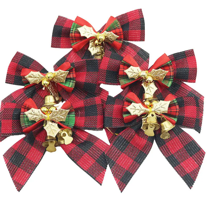 (5 Pcs/pack) 8cm Checkered Cloth Christmas Bow Xmas Tree Bell Bows Home Hair Accessories Tie Decoration Gift Packaging DIY Phone
