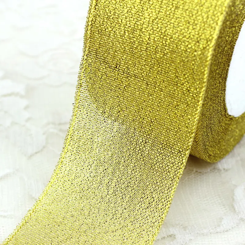 (25 Yards/roll) 2''(50mm) Gold And Silver Christmas Gift Packaging Ribbon High Quality Wedding Shiny Metallic Glitter Ribbon