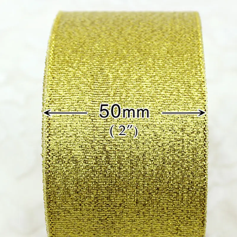 (25 Yards/roll) 2''(50mm) Gold And Silver Christmas Gift Packaging Ribbon High Quality Wedding Shiny Metallic Glitter Ribbon