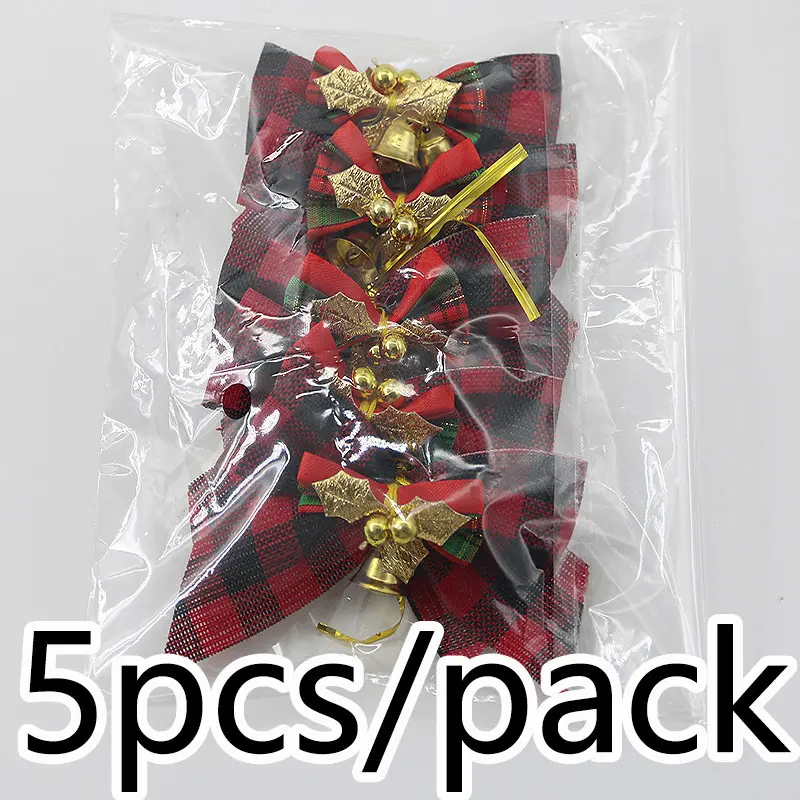 (5 Pcs/pack) 8cm Checkered Cloth Christmas Bow Xmas Tree Bell Bows Home Hair Accessories Tie Decoration Gift Packaging DIY Phone