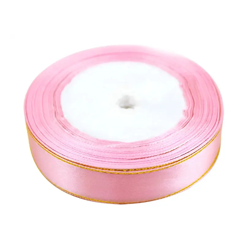(25 yards/roll) pink gold Edge Satin Ribbon Wholesale Gift Christmas ribbons (6/10/20/25/40mm)