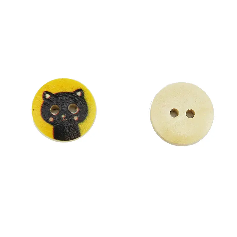 (100 Pcs/pack) 15mm 2-Hole Round Cat Pattern Wood Buttons for Kids Sweaters Flatback Style Button DIY Holiday Decorations