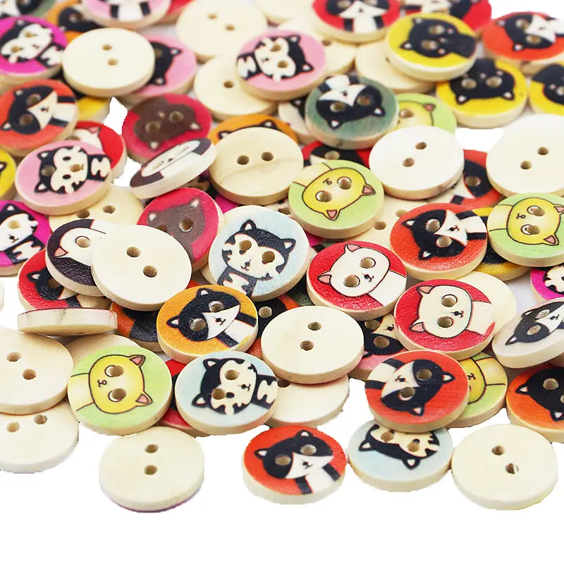 (100 Pcs/pack) 15mm 2-Hole Round Cat Pattern Wood Buttons for Kids Sweaters Flatback Style Button DIY Holiday Decorations