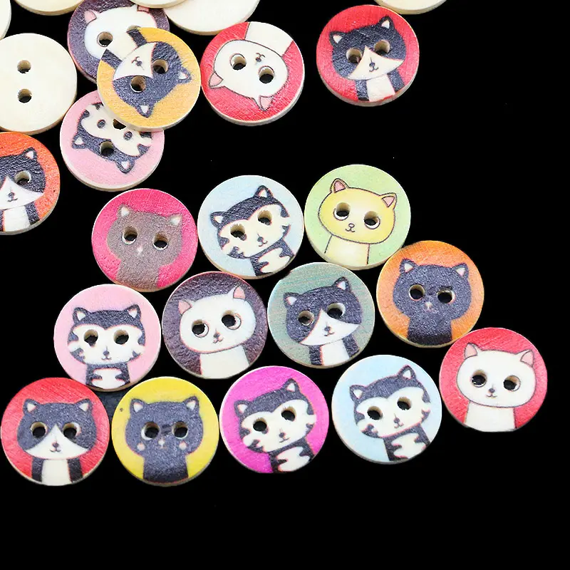 (100 Pcs/pack) 15mm 2-Hole Round Cat Pattern Wood Buttons for Kids Sweaters Flatback Style Button DIY Holiday Decorations