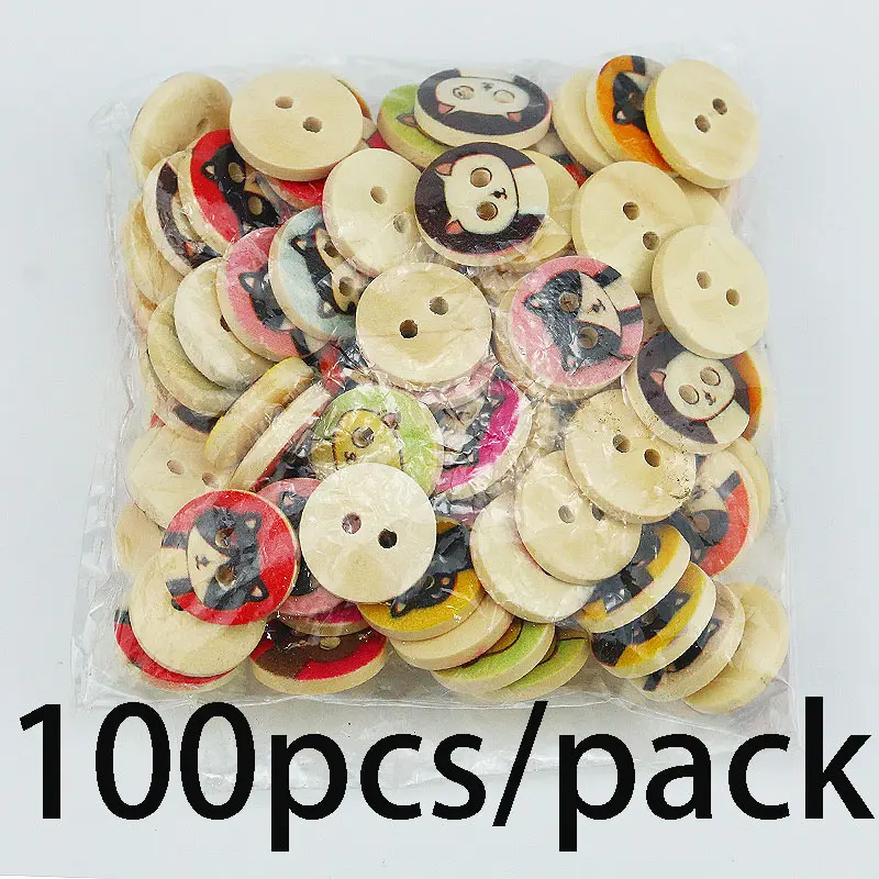 (100 Pcs/pack) 15mm 2-Hole Round Cat Pattern Wood Buttons for Kids Sweaters Flatback Style Button DIY Holiday Decorations