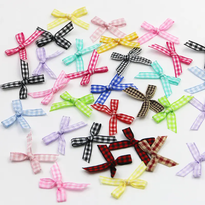 (100 Pcs/pack)35mm Plaid Bow Colorful Mini Ribbon Bows Gift Box Wedding Candy Box Packaging Decoration Handmade Retro Craft DIY