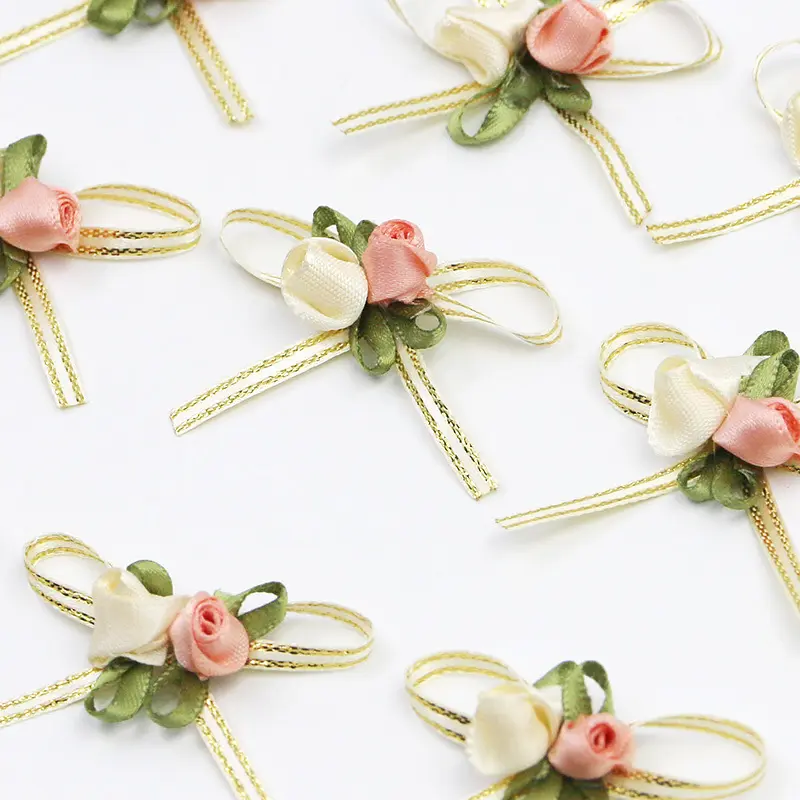 (20pcs/pack) 4.5cm Rose Bud Bow White Pink 2 Rose Bows Wedding Gift Box Hair Accessories Home Christmas Bows Decoration