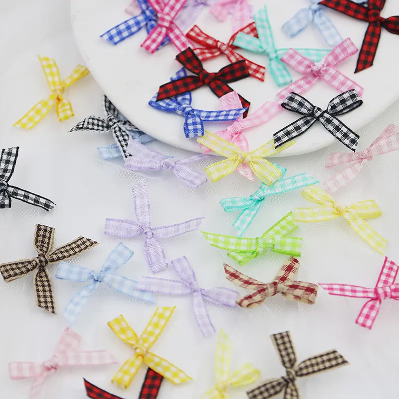(100 Pcs/pack)35mm Plaid Bow Colorful Mini Ribbon Bows Gift Box Wedding Candy Box Packaging Decoration Handmade Retro Craft DIY