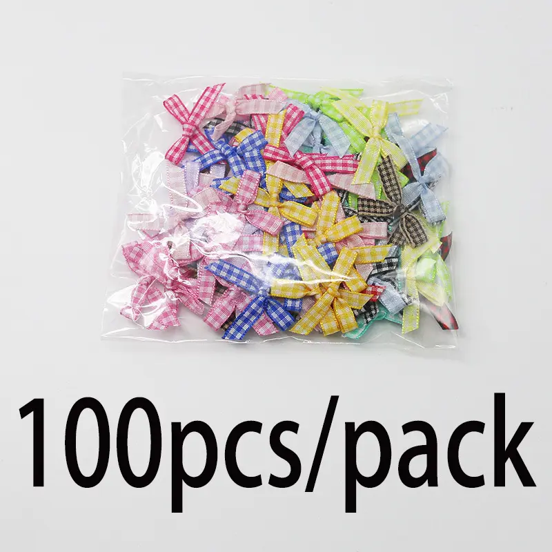 (100 Pcs/pack)35mm Plaid Bow Colorful Mini Ribbon Bows Gift Box Wedding Candy Box Packaging Decoration Handmade Retro Craft DIY