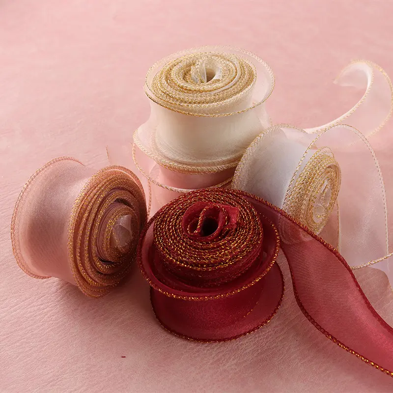 (10 Yards/pack) 4cm Gold Edged Fishtail Ribbon Organza Fresh Flower Tie Ribbons Cake Decoration Gift Box Packaging Bow DIY Lace