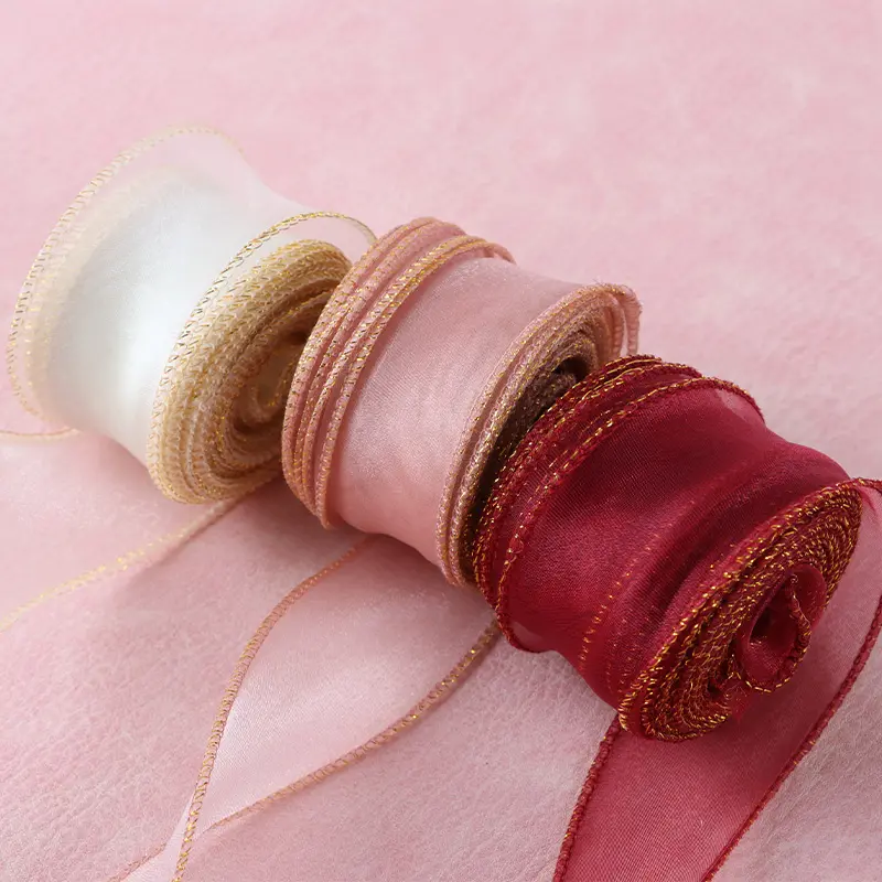 (10 Yards/pack) 4cm Gold Edged Fishtail Ribbon Organza Fresh Flower Tie Ribbons Cake Decoration Gift Box Packaging Bow DIY Lace