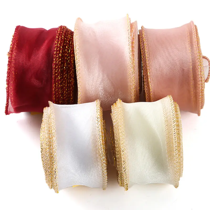 (10 Yards/pack) 4cm Gold Edged Fishtail Ribbon Organza Fresh Flower Tie Ribbons Cake Decoration Gift Box Packaging Bow DIY Lace