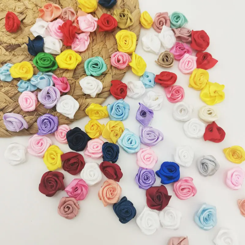 (100pcs/pack) 15mm Mix Colorful Small Flower Mini Handmade DIY Satin Ribbon Rose Head Wedding Scrapbooking Decoration Floret