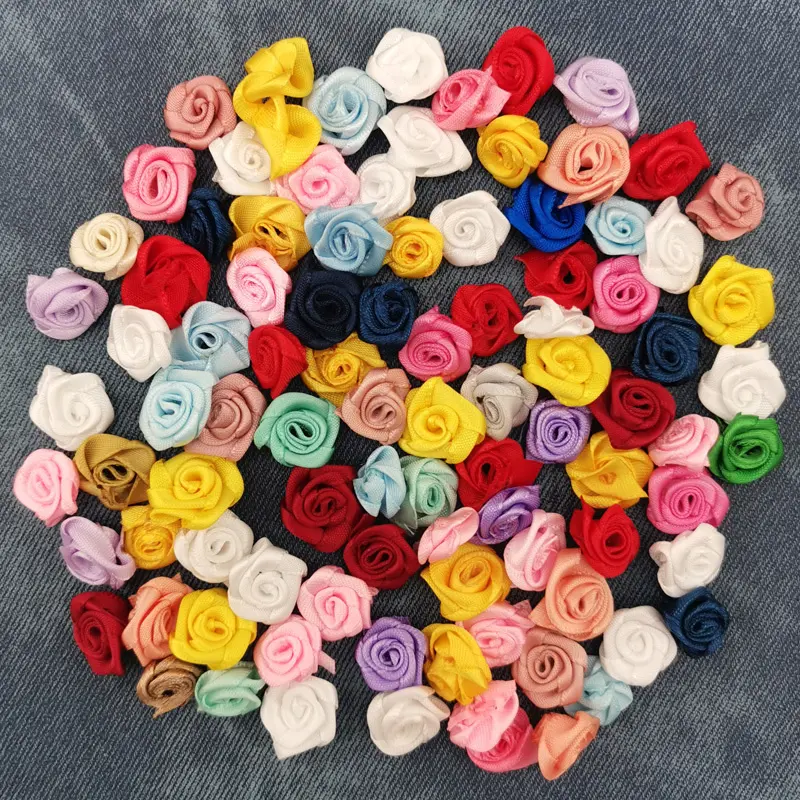 (100pcs/pack) 15mm Mix Colorful Small Flower Mini Handmade DIY Satin Ribbon Rose Head Wedding Scrapbooking Decoration Floret