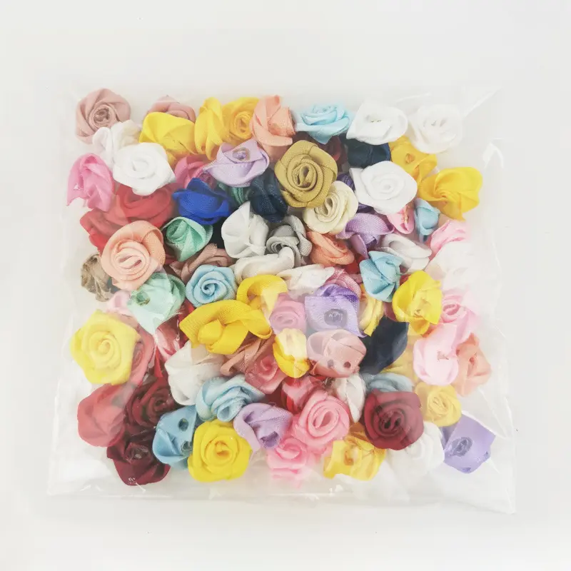 (100pcs/pack) 15mm Mix Colorful Small Flower Mini Handmade DIY Satin Ribbon Rose Head Wedding Scrapbooking Decoration Floret