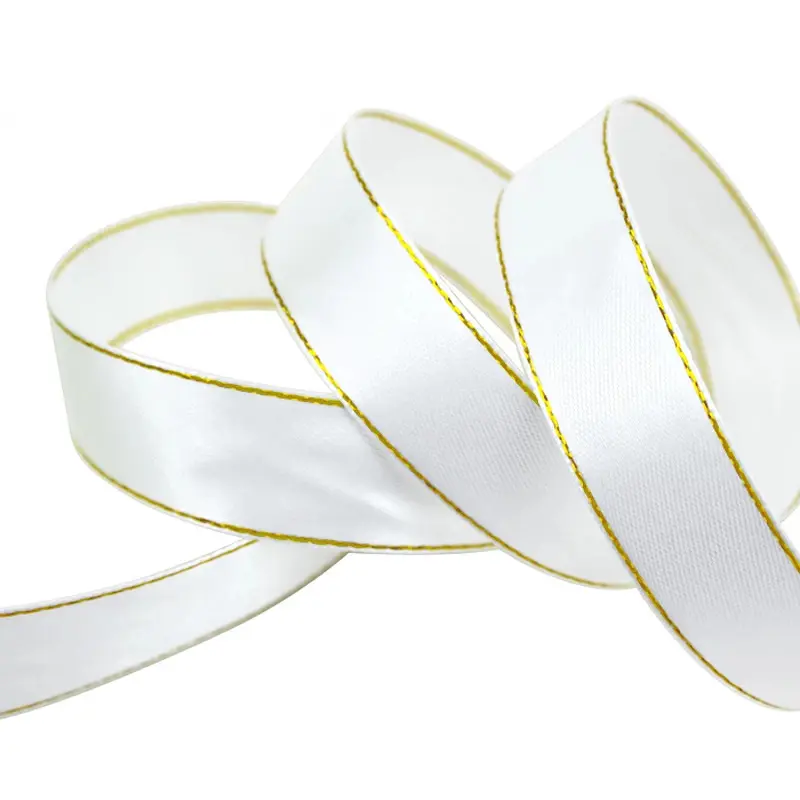 (25 yards/lot) White Satin ribbon gold edge wholesale high quality gift packaging ribbons