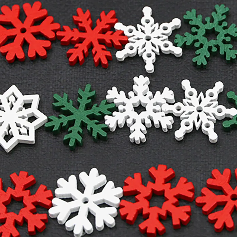 (50pcs/pack) 23mm Wooden Christmas Snowflake Wood Chip Hanging Decoration Colorful Christmas Party Handmade Home Accessories DIY